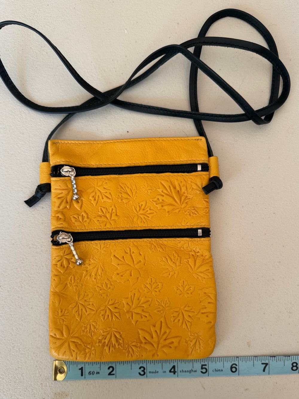 Yellow Embossed Leaf Crossbody Phone Pouch with Adjustable Strap